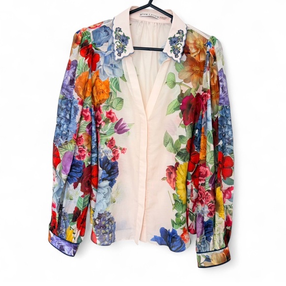 Alice + Olivia Floral Placement Blouse L Pink Sheer Statement Collar Designer - Picture 2 of 9